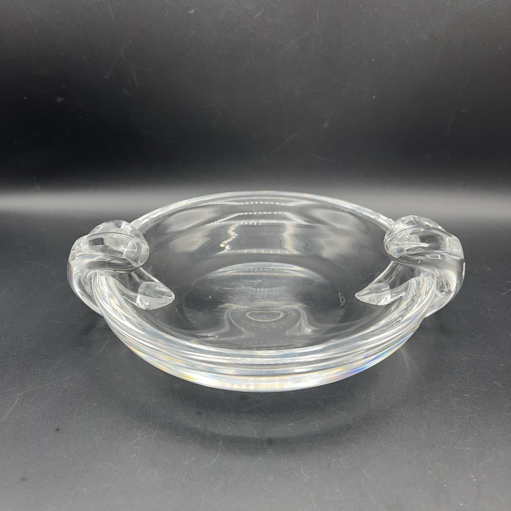 Steuben Art Glass Crystal Double Sided Crimped Handles Ashtray Large 8" HEAVY